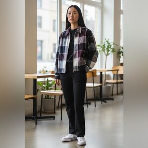 Fiorlini International Plaid Zip-Front Bomber Jacket in Black, White & Plum